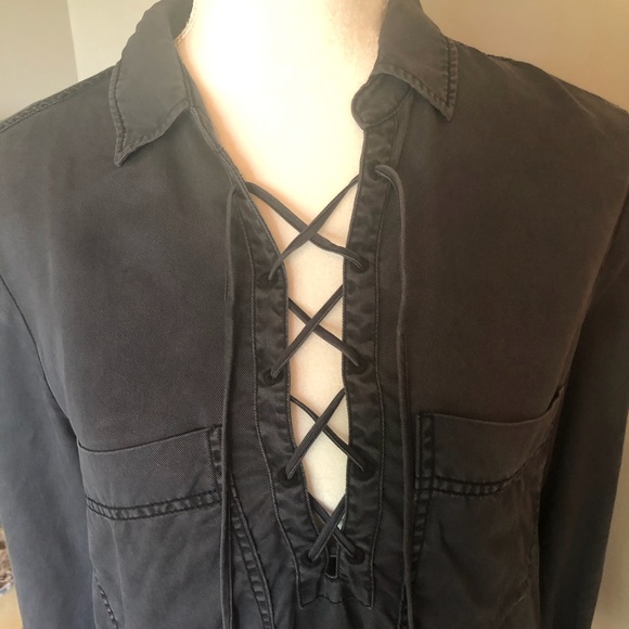 Free People slate colored, long sleeve blouse with lace up neckline - Picture 3 of 11